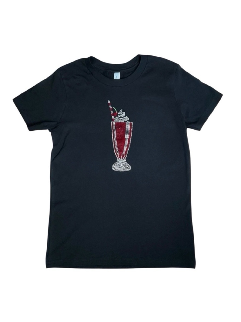 Girls Handmade Rhinestone Red Milkshake Motif Black Tee Shirt Size 12 Boutique